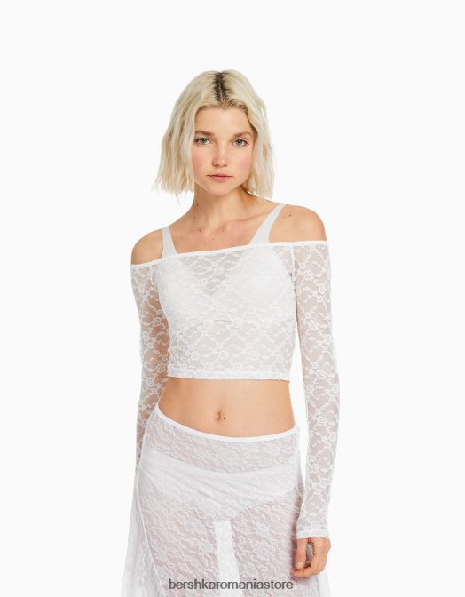 Bershka femei top blond din dantela cu maneca lunga alb Z86D501 îmbrăcăminte