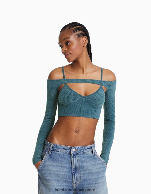 Bershka femei top cu bretele cu incalzitoare de brate decolorate albastru deschis Z86D400 îmbrăcăminte