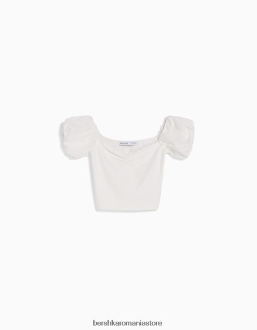 Bershka femei top din poplin de bumbac cu maneca scurta alb Z86D378 îmbrăcăminte