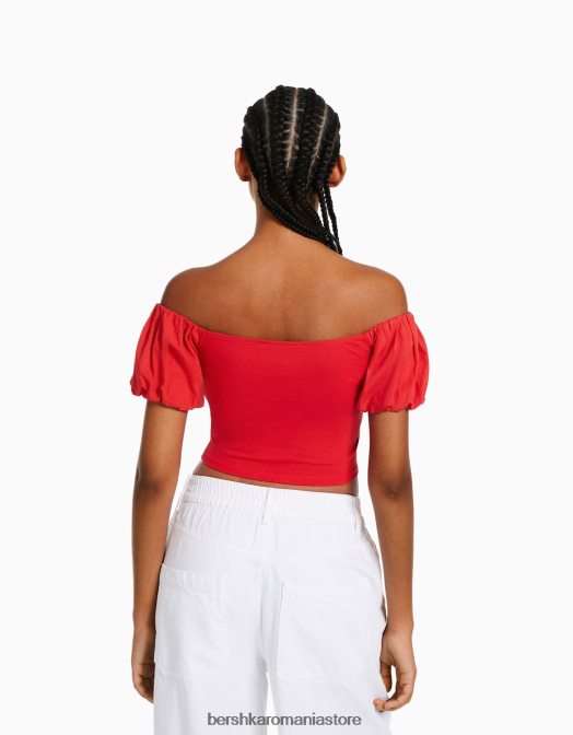 Bershka femei top din poplin de bumbac cu maneca scurta roșu Z86D381 îmbrăcăminte