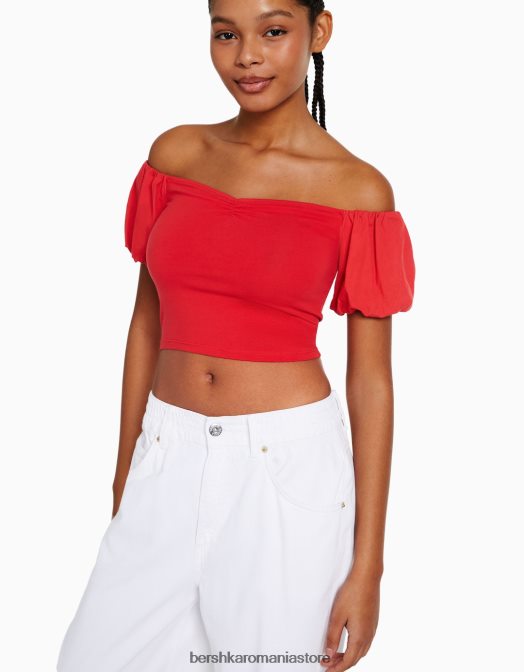 Bershka femei top din poplin de bumbac cu maneca scurta roșu Z86D381 îmbrăcăminte