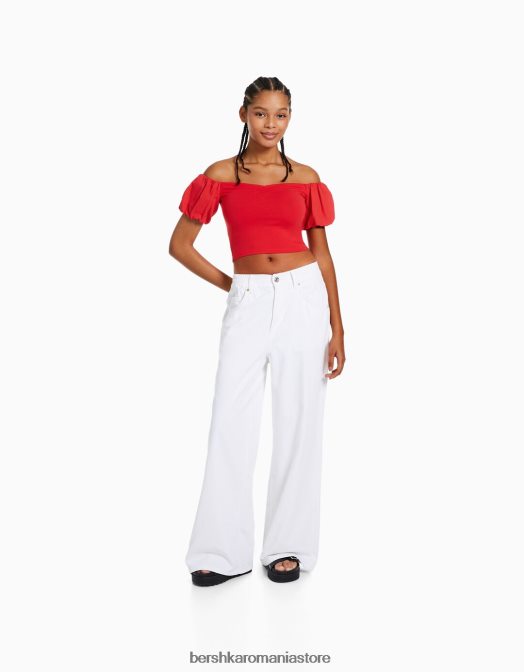 Bershka femei top din poplin de bumbac cu maneca scurta roșu Z86D381 îmbrăcăminte