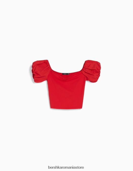 Bershka femei top din poplin de bumbac cu maneca scurta roșu Z86D381 îmbrăcăminte