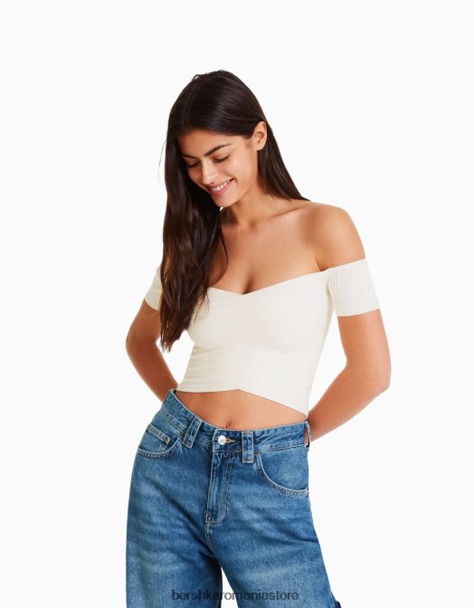Bershka femei top din tricot cu maneca scurta cu detaliu incrucisat cremă Z86D413 îmbrăcăminte