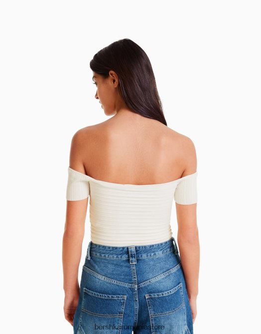 Bershka femei top din tricot cu maneca scurta cu detaliu incrucisat cremă Z86D413 îmbrăcăminte