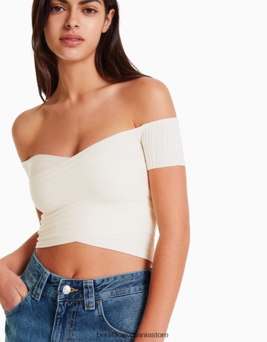 Bershka femei top din tricot cu maneca scurta cu detaliu incrucisat cremă Z86D413 îmbrăcăminte