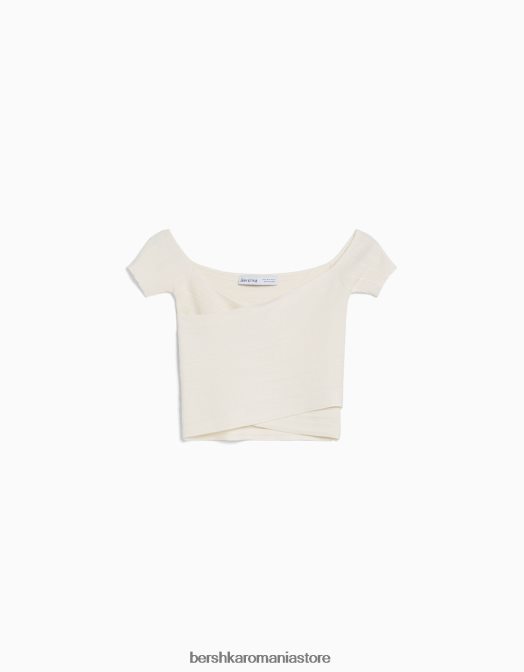 Bershka femei top din tricot cu maneca scurta cu detaliu incrucisat cremă Z86D413 îmbrăcăminte