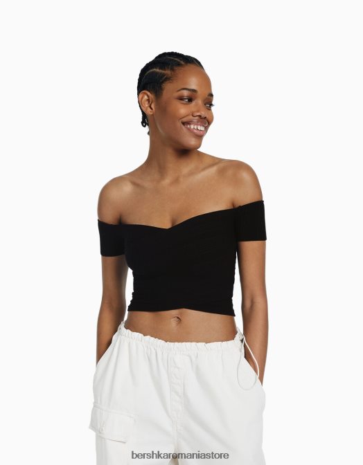 Bershka femei top din tricot cu maneca scurta cu detaliu incrucisat negru Z86D412 îmbrăcăminte