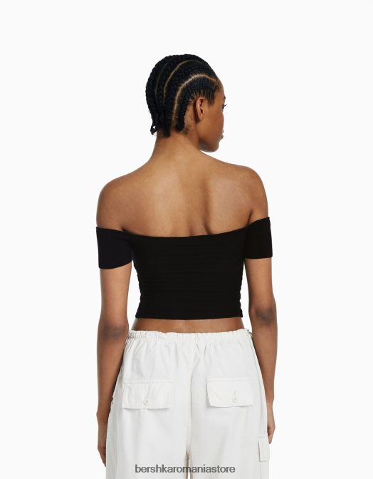 Bershka femei top din tricot cu maneca scurta cu detaliu incrucisat negru Z86D412 îmbrăcăminte
