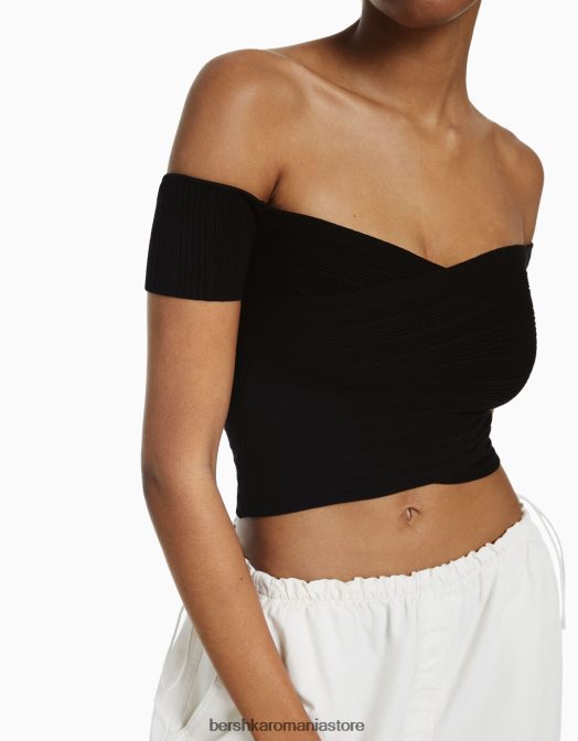 Bershka femei top din tricot cu maneca scurta cu detaliu incrucisat negru Z86D412 îmbrăcăminte