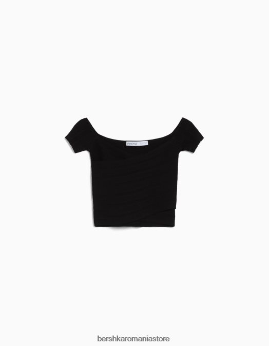 Bershka femei top din tricot cu maneca scurta cu detaliu incrucisat negru Z86D412 îmbrăcăminte