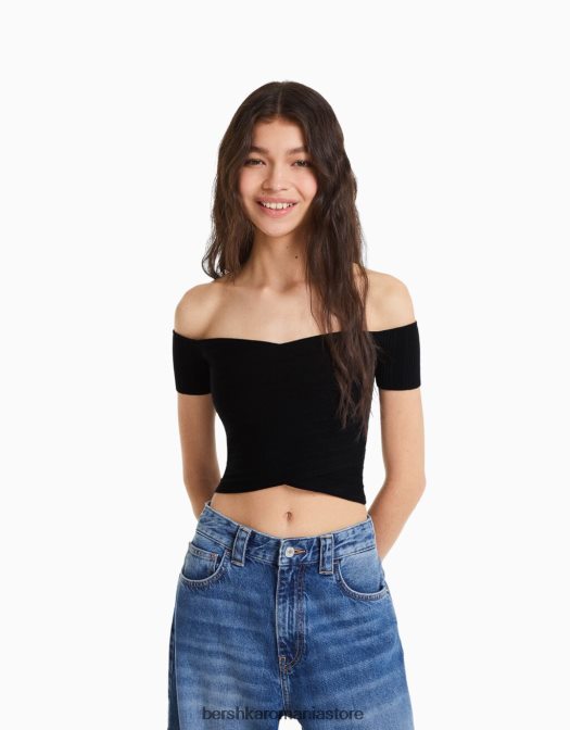 Bershka femei top din tricot cu maneca scurta cu detaliu incrucisat negru Z86D415 îmbrăcăminte