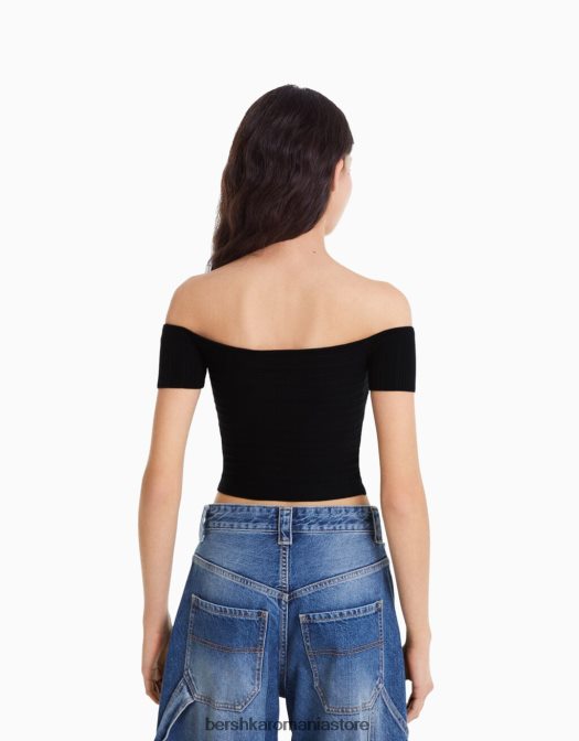 Bershka femei top din tricot cu maneca scurta cu detaliu incrucisat negru Z86D415 îmbrăcăminte