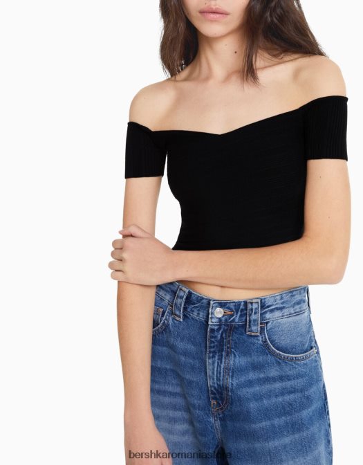 Bershka femei top din tricot cu maneca scurta cu detaliu incrucisat negru Z86D415 îmbrăcăminte