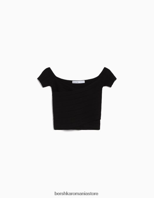 Bershka femei top din tricot cu maneca scurta cu detaliu incrucisat negru Z86D415 îmbrăcăminte