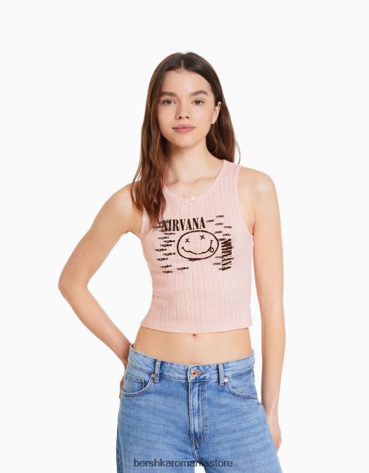 Bershka femei top din tricot pointelle cu imprimeu nirvana roz Z86D627 îmbrăcăminte