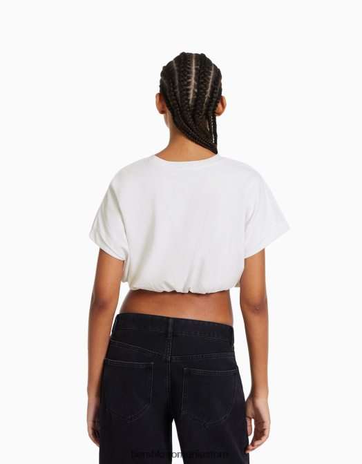 Bershka femei tricou adunat cu maneca scurta cu elastic alb Z86D380 îmbrăcăminte
