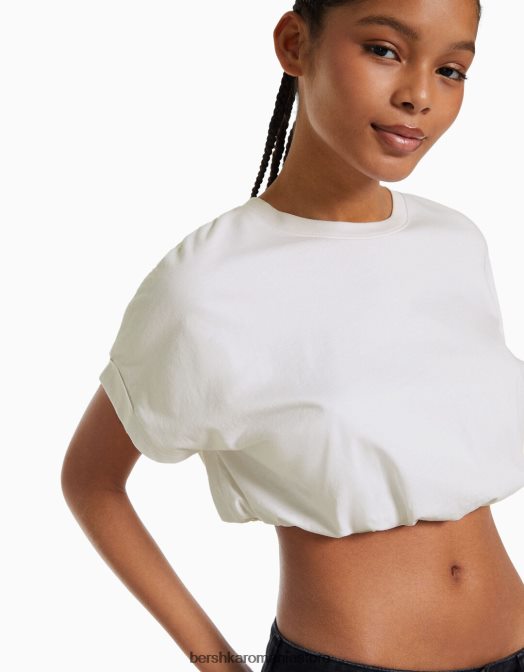 Bershka femei tricou adunat cu maneca scurta cu elastic alb Z86D380 îmbrăcăminte