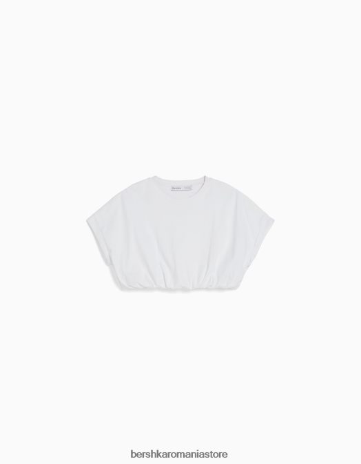 Bershka femei tricou adunat cu maneca scurta cu elastic alb Z86D380 îmbrăcăminte