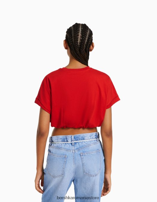 Bershka femei tricou adunat cu maneca scurta cu elastic roșu Z86D379 îmbrăcăminte