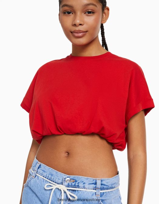 Bershka femei tricou adunat cu maneca scurta cu elastic roșu Z86D379 îmbrăcăminte