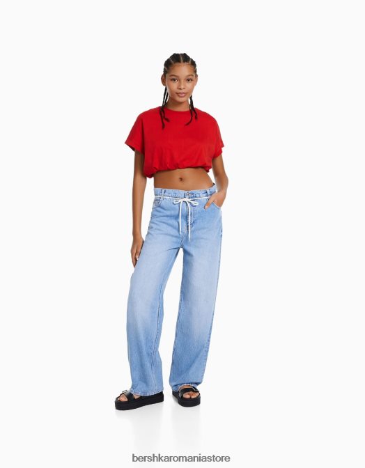 Bershka femei tricou adunat cu maneca scurta cu elastic roșu Z86D379 îmbrăcăminte