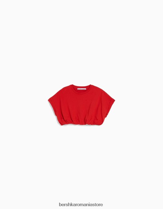 Bershka femei tricou adunat cu maneca scurta cu elastic roșu Z86D379 îmbrăcăminte