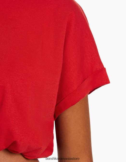 Bershka femei tricou adunat cu maneca scurta cu elastic roșu Z86D379 îmbrăcăminte