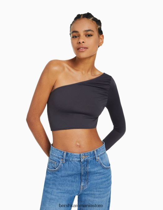 Bershka femei tricou asimetric cu maneca lunga gri inchis Z86D384 îmbrăcăminte