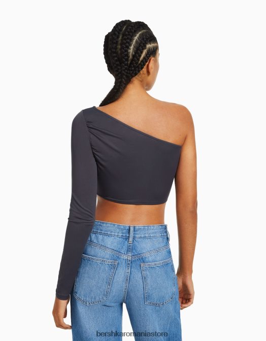 Bershka femei tricou asimetric cu maneca lunga gri inchis Z86D384 îmbrăcăminte