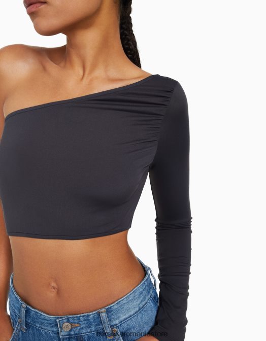 Bershka femei tricou asimetric cu maneca lunga gri inchis Z86D384 îmbrăcăminte