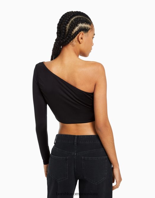 Bershka femei tricou asimetric cu maneca lunga negru Z86D382 îmbrăcăminte