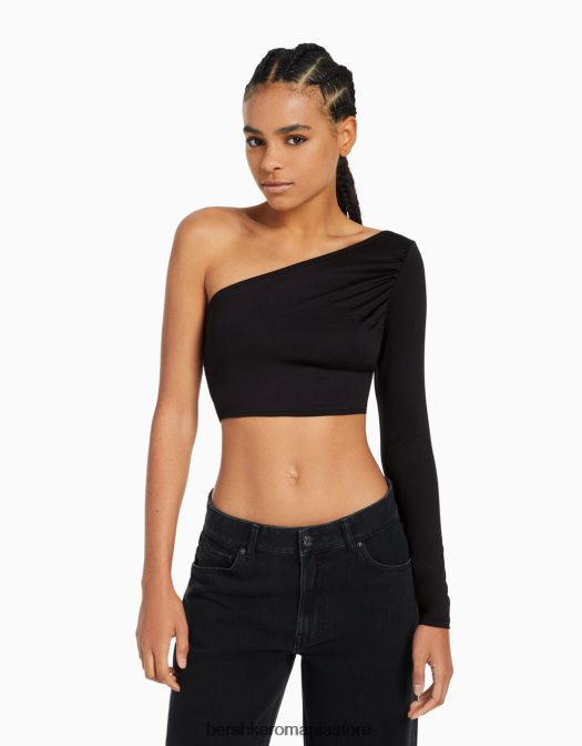 Bershka femei tricou asimetric cu maneca lunga negru Z86D385 îmbrăcăminte