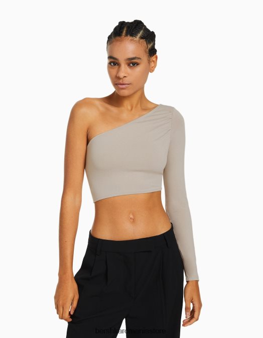 Bershka femei tricou asimetric cu maneca lunga nisip Z86D383 îmbrăcăminte