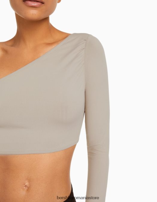 Bershka femei tricou asimetric cu maneca lunga nisip Z86D383 îmbrăcăminte