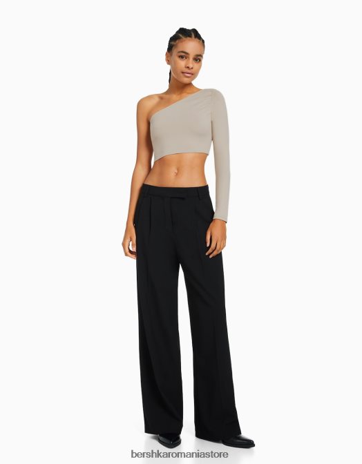 Bershka femei tricou asimetric cu maneca lunga nisip Z86D383 îmbrăcăminte