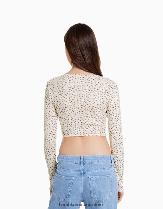 Bershka femei tricou balerină cu mânecă lungă din tricot pointelle cremă Z86D634 îmbrăcăminte