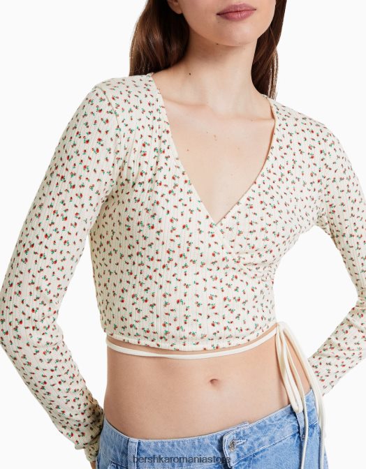 Bershka femei tricou balerină cu mânecă lungă din tricot pointelle cremă Z86D634 îmbrăcăminte