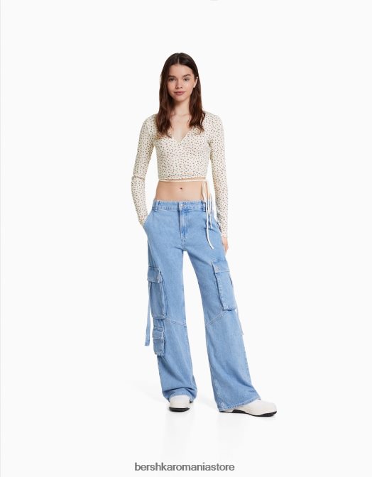 Bershka femei tricou balerină cu mânecă lungă din tricot pointelle cremă Z86D634 îmbrăcăminte