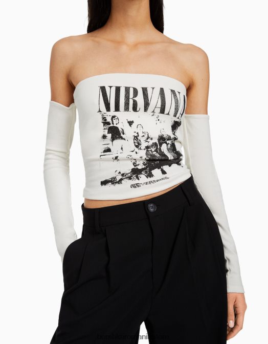 Bershka femei tricou bandeau cu mânecă lungă cu imprimeu nirvana alb Z86D520 îmbrăcăminte