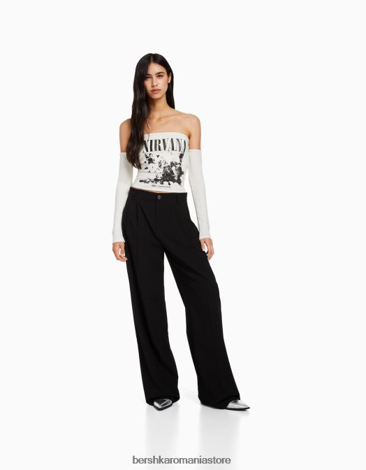 Bershka femei tricou bandeau cu mânecă lungă cu imprimeu nirvana alb Z86D520 îmbrăcăminte