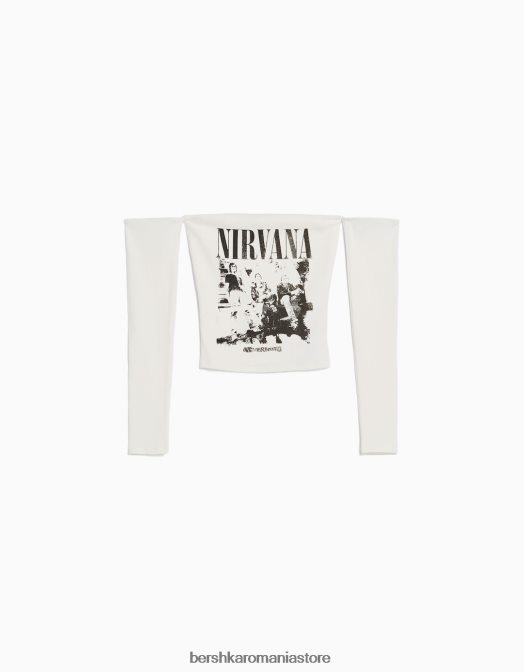 Bershka femei tricou bandeau cu mânecă lungă cu imprimeu nirvana alb Z86D520 îmbrăcăminte