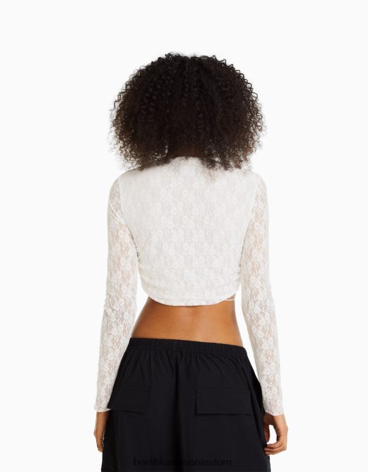 Bershka femei tricou blond din dantela cu maneca lunga, cu decolteu incrucisat cremă Z86D502 îmbrăcăminte