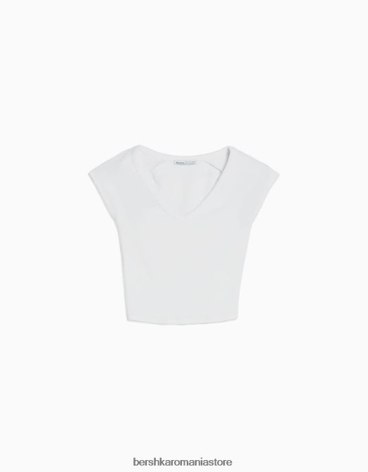 Bershka femei tricou cu decolteu în V, cu mâneci raglan scurte alb Z86D367 îmbrăcăminte