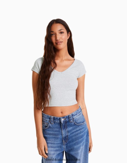 Bershka femei tricou cu decolteu în V, cu mâneci raglan scurte gri Z86D368 îmbrăcăminte