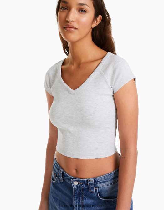 Bershka femei tricou cu decolteu în V, cu mâneci raglan scurte gri Z86D368 îmbrăcăminte