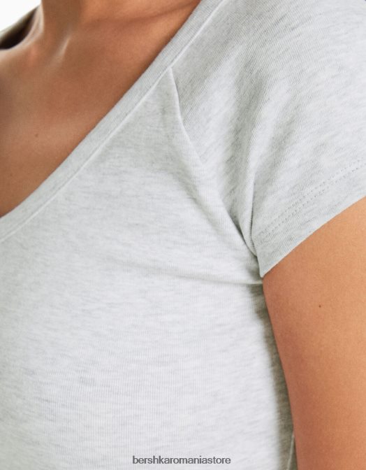 Bershka femei tricou cu decolteu în V, cu mâneci raglan scurte gri Z86D368 îmbrăcăminte