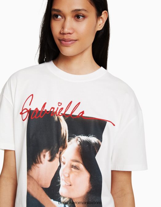 Bershka femei tricou cu imprimeu muzical de liceu cu maneca scurta alb Z86D485 îmbrăcăminte