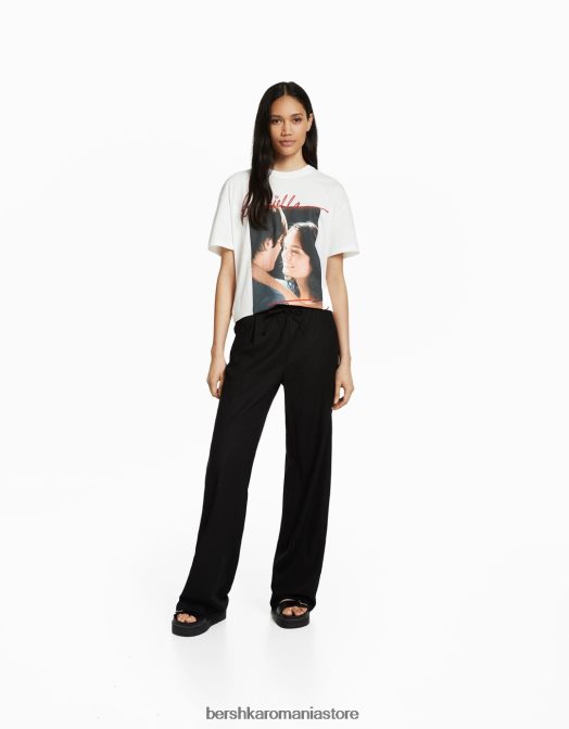 Bershka femei tricou cu imprimeu muzical de liceu cu maneca scurta alb Z86D485 îmbrăcăminte