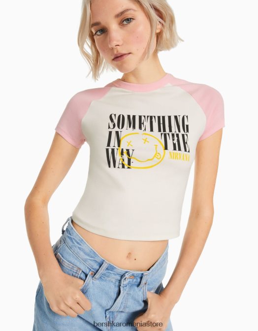 Bershka femei tricou cu imprimeu nirvana cu maneci scurte raglan roz Z86D470 îmbrăcăminte
